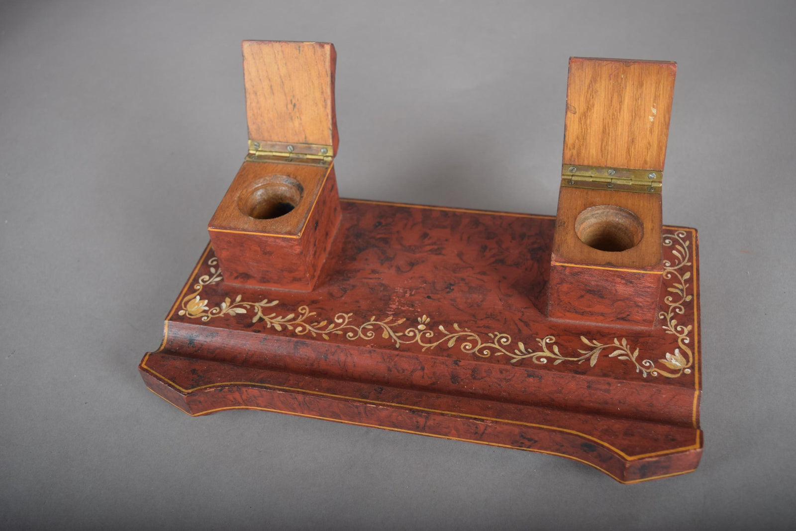 Vintage Hand-Painted Wooden Double Inkwell, Floral Detailing — French Style, 1950s
