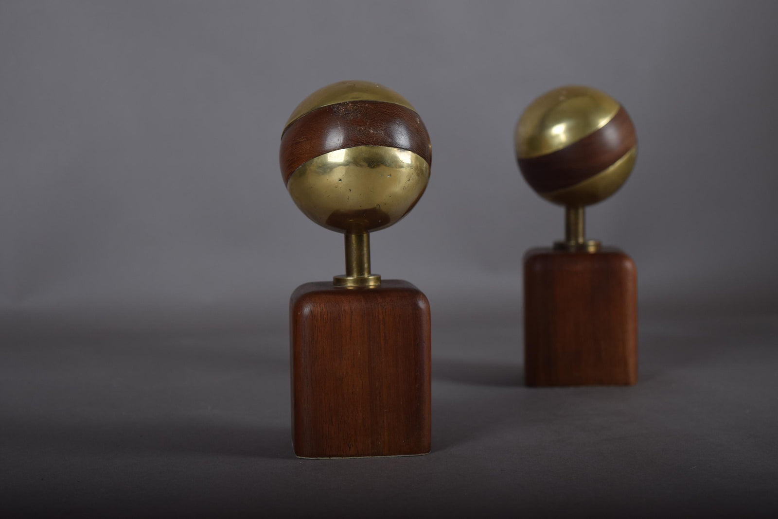Brutalist Brass and Wood Sculpture Pair, Signed Ardisur — Spain, 1970s