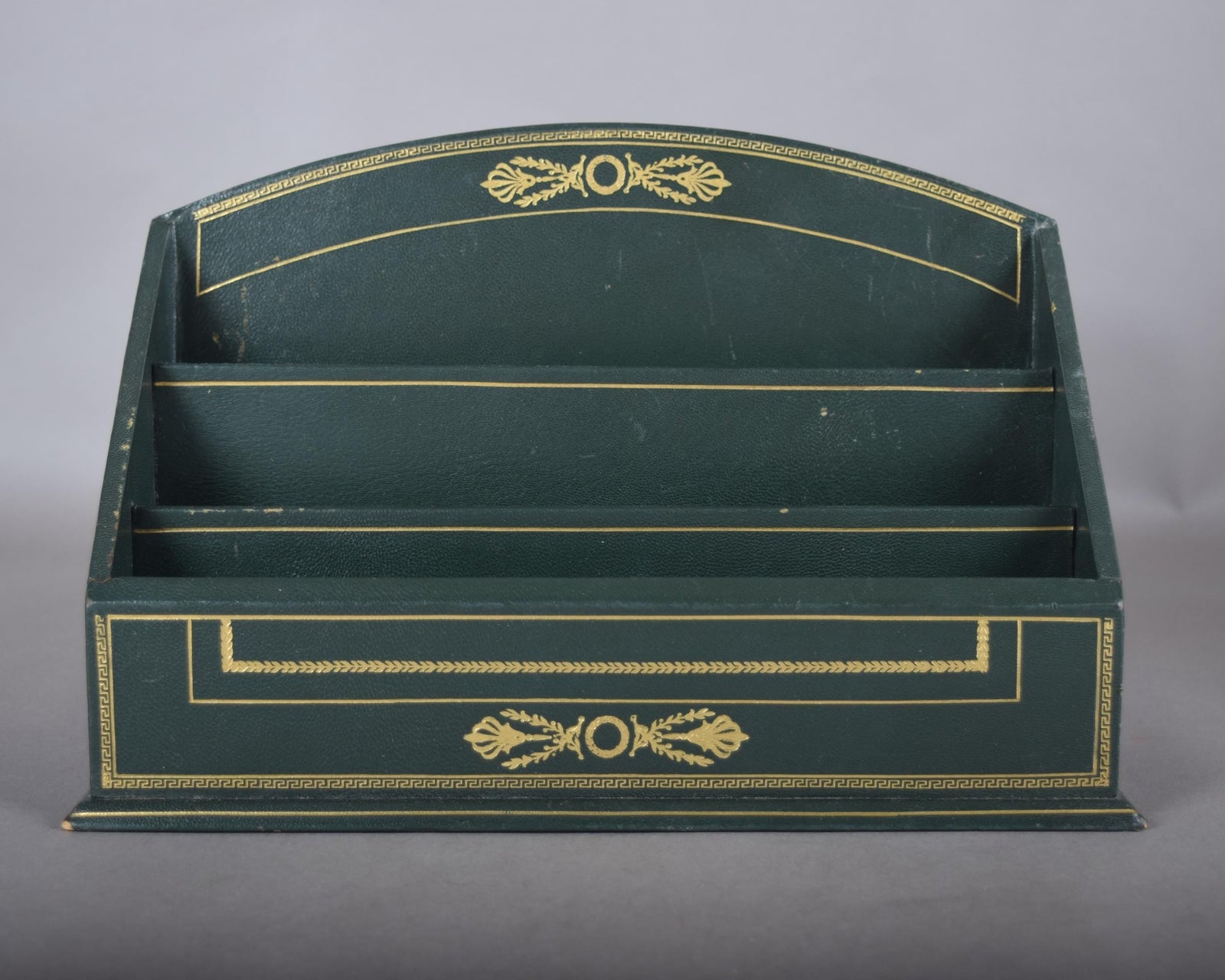 Vintage Leather-Style Letter Holder, Green and Gold Desk Organizer, Paper Sorter with Compartments, Classic Office Decor