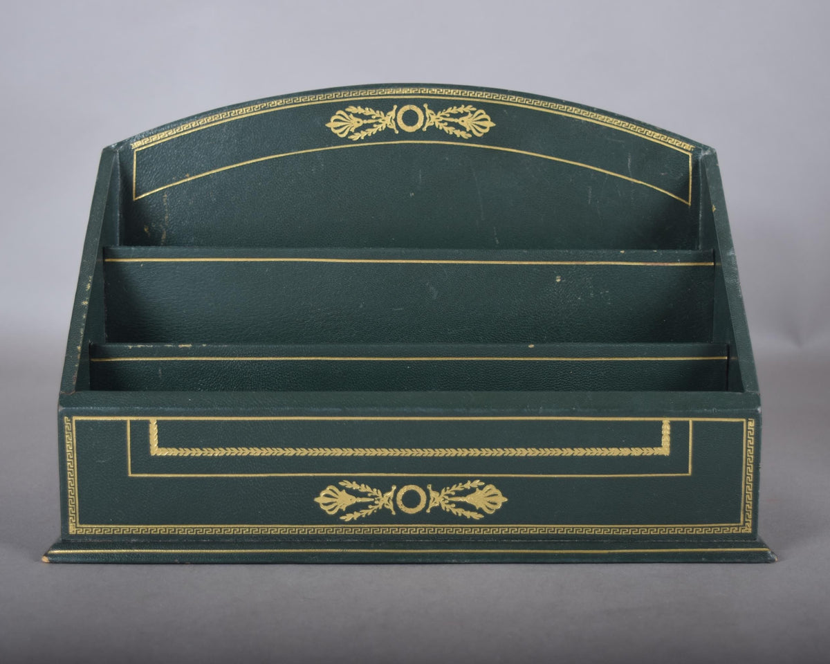 Vintage Leather-Style Letter Holder, Green and Gold Desk Organizer, Paper Sorter with Compartments, Classic Office Decor