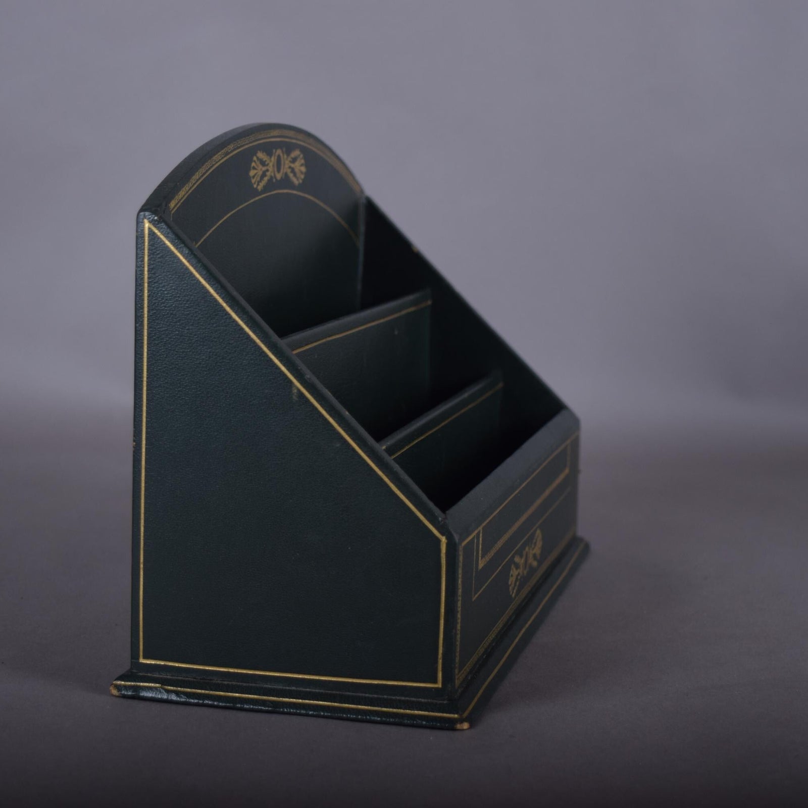 Vintage Leather-Style Letter Holder, Green and Gold Desk Organizer, Paper Sorter with Compartments, Classic Office Decor