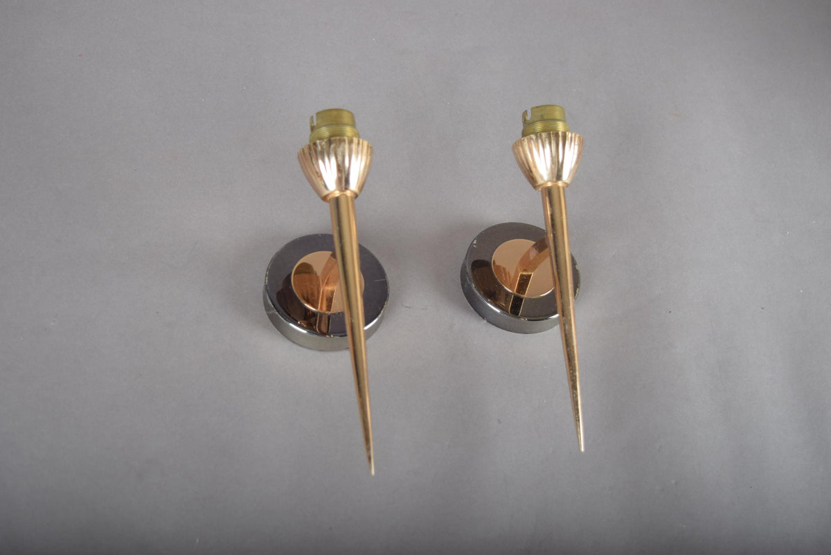 Vintage Brass Wall Sconce Pair, Pointed Cone Design — Mid-Century Modern, 1950s