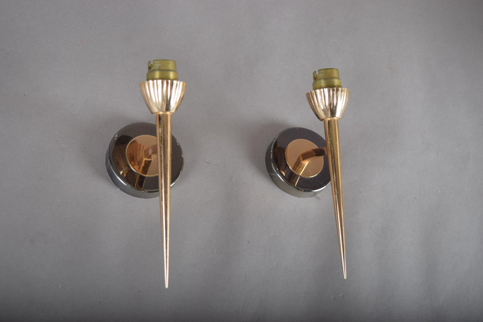 Vintage Brass Wall Sconce Pair, Pointed Cone Design — Mid-Century Modern, 1950s