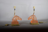 Le Dauphin Horse Lamps, Pair Vintage French Satin Glass and Brass Table Lamps, 1970s