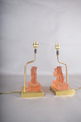 Le Dauphin Horse Lamps, Pair Vintage French Satin Glass and Brass Table Lamps, 1970s
