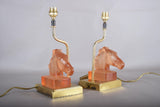 Le Dauphin Horse Lamps, Pair Vintage French Satin Glass and Brass Table Lamps, 1970s