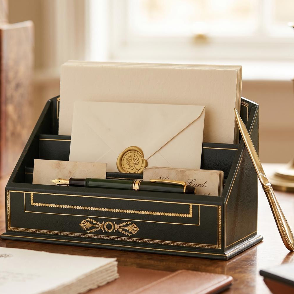 Vintage Leather-Style Letter Holder, Green and Gold Desk Organizer, Paper Sorter with Compartments, Classic Office Decor