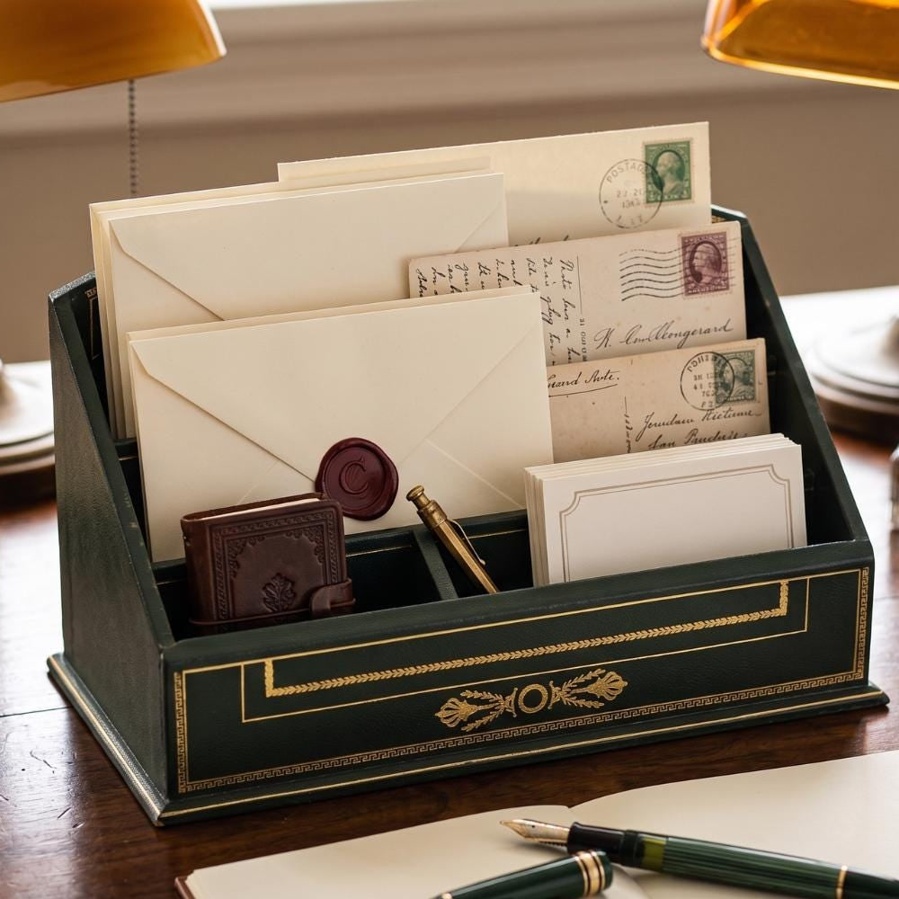 Vintage Leather-Style Letter Holder, Green and Gold Desk Organizer, Paper Sorter with Compartments, Classic Office Decor