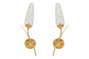 Vintage Gold-Toned Wall Sconces, Textured Glass Shades, Mid-Century Modern, Pair