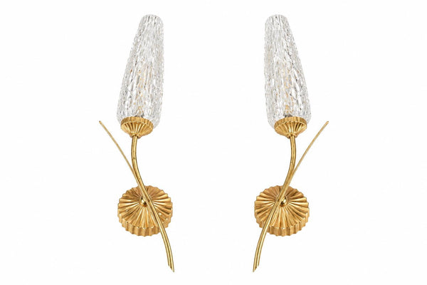 Vintage Gold-Toned Wall Sconces, Textured Glass Shades, Mid-Century Modern, Pair
