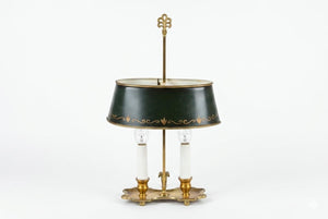 Vintage Brass Bouillotte Lamp, Green Tole Shade with Gold Trim, Dual Light, French Style
