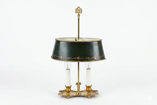 Vintage Brass Bouillotte Lamp, Green Tole Shade with Gold Trim, Dual Light, French Style