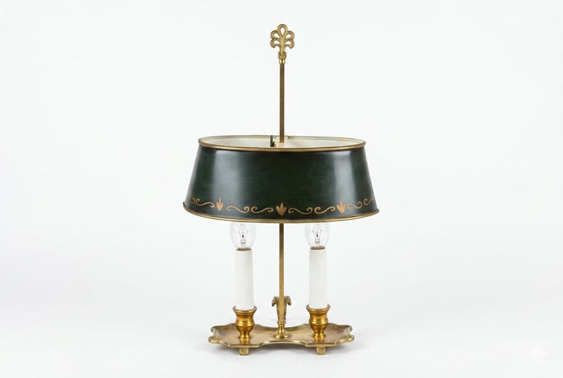Vintage Brass Bouillotte Lamp, Green Tole Shade with Gold Trim, Dual Light, French Style
