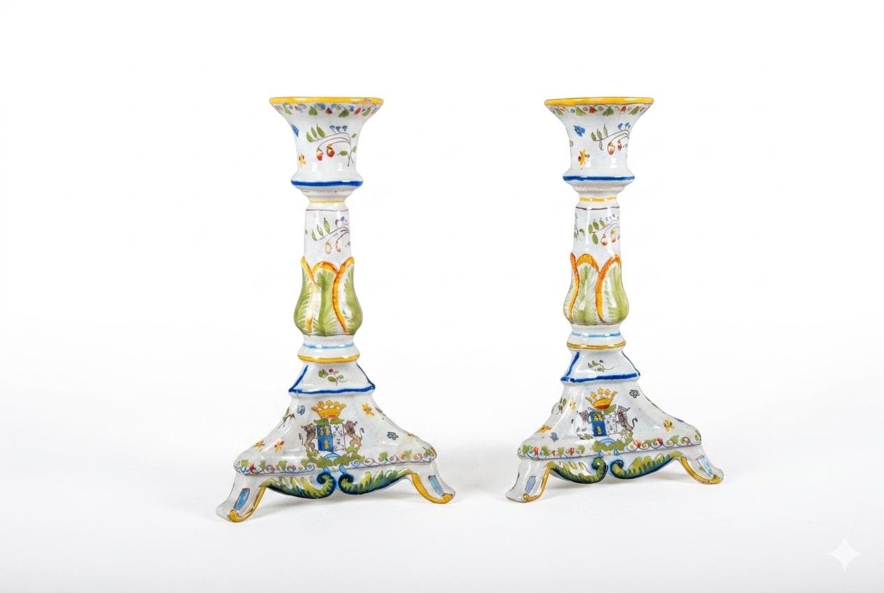 Vintage Hand-Painted Ceramic Candlesticks, Heraldic Floral Pair, Antique Table Décor