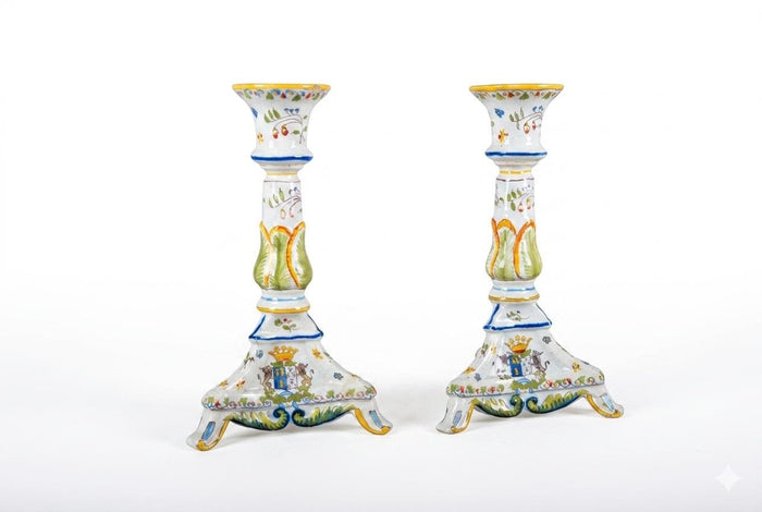 Vintage Hand-Painted Ceramic Candlesticks, Heraldic Floral Pair, Antique Table Décor