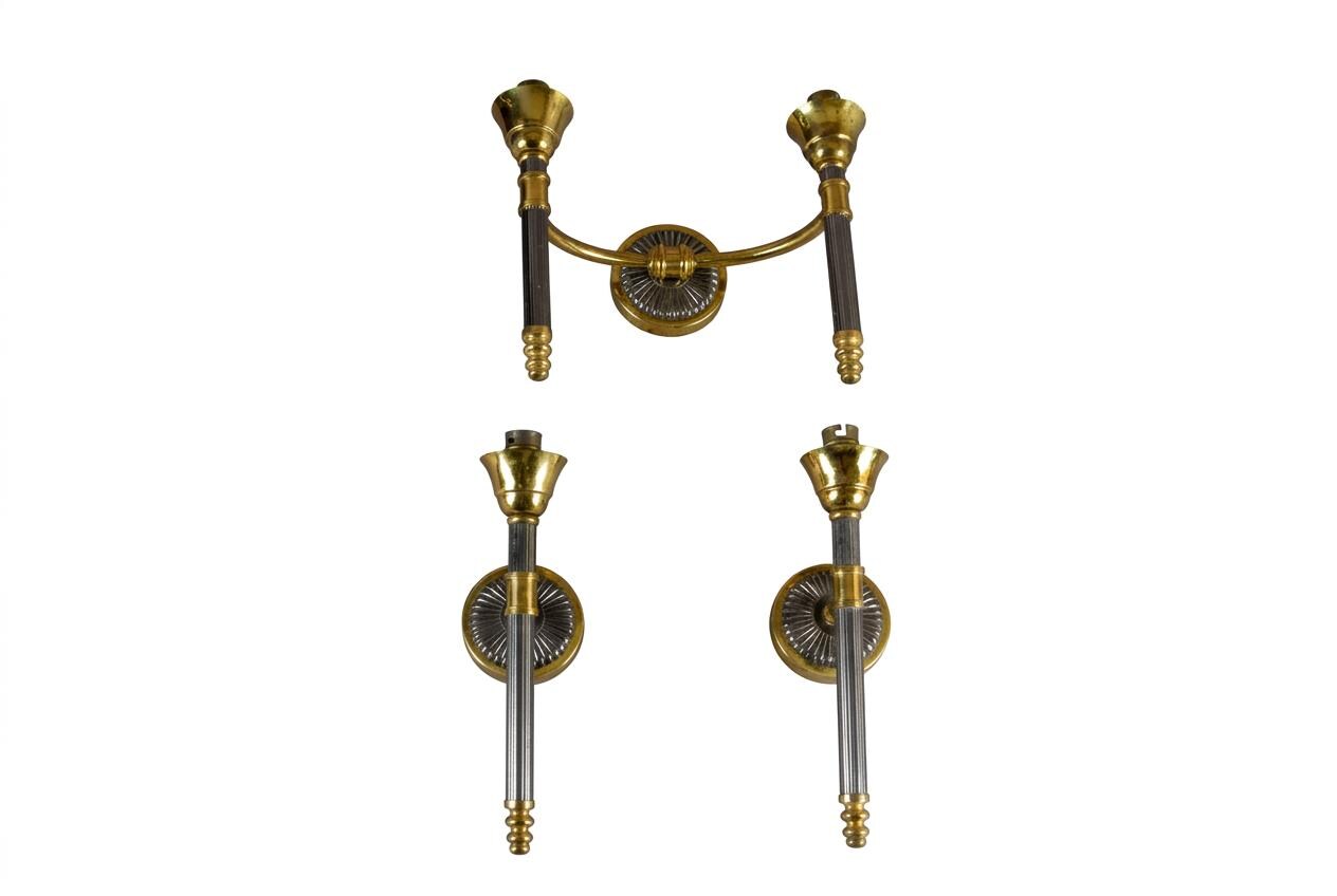 Vintage 1950s Brass Wall Sconces, Set of Three — Two Single Arm, One Double Arm, Mid-Century