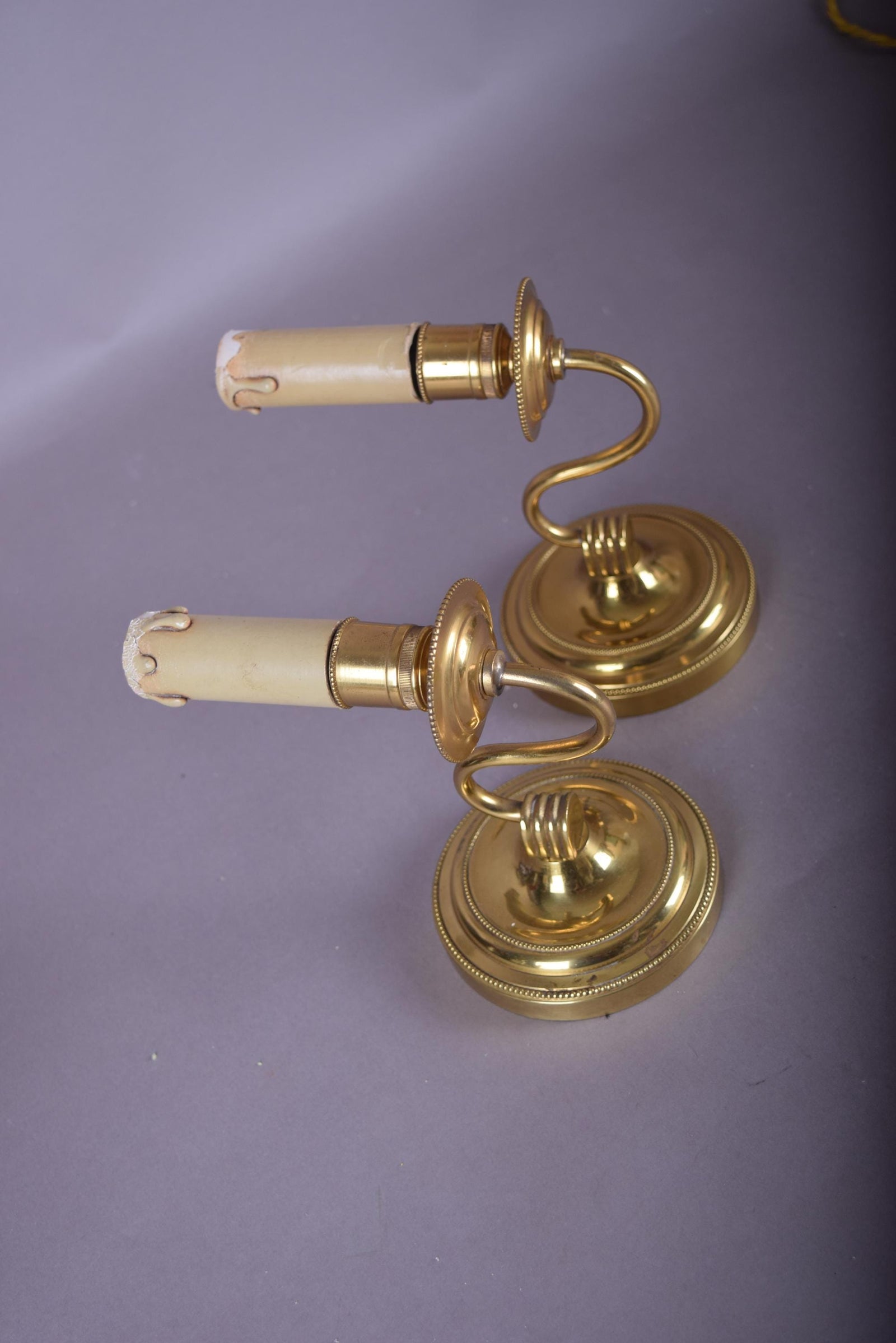 Vintage Brass Wall Sconces, French Style Curved Arm, Candle-Style Fitting, Pair