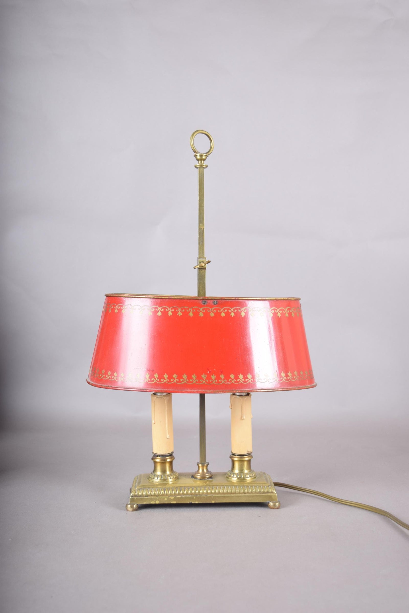 Vintage Brass Bouillotte Table Lamp, Red Tole Shade — French Style, circa 1950s