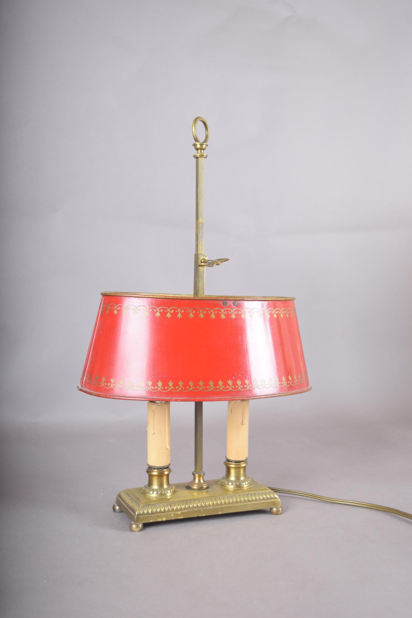 Vintage Brass Bouillotte Table Lamp, Red Tole Shade — French Style, circa 1950s