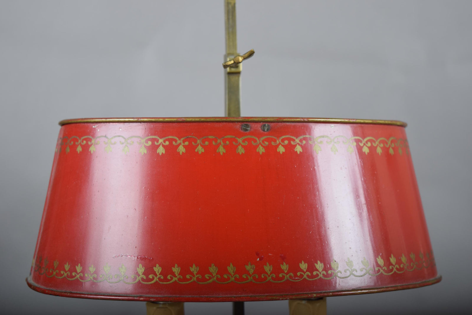 Vintage Brass Bouillotte Table Lamp, Red Tole Shade — French Style, circa 1950s