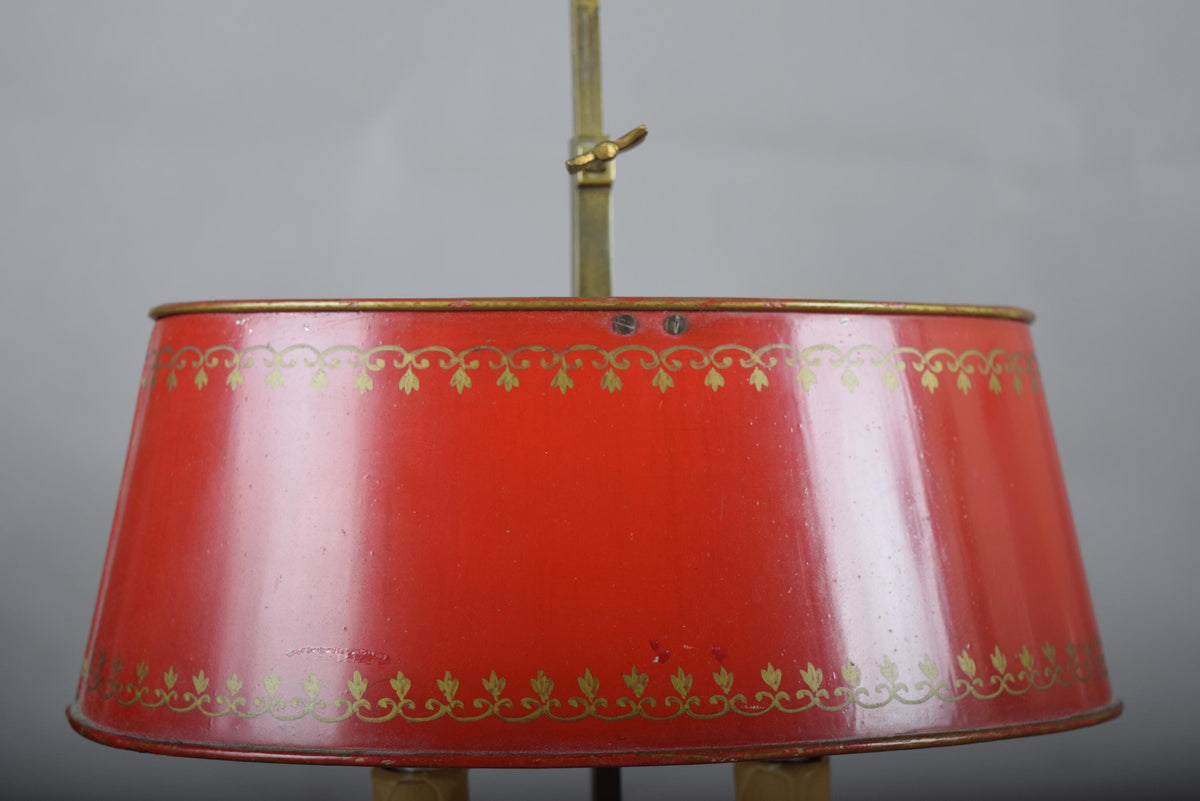 Vintage Brass Bouillotte Table Lamp, Red Tole Shade — French Style, circa 1950s
