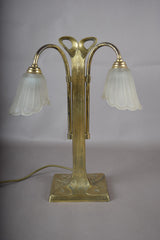 Vintage Brass Double-Arm Table Lamp, Frosted Tulip Shades — Art Nouveau Style, 1950s