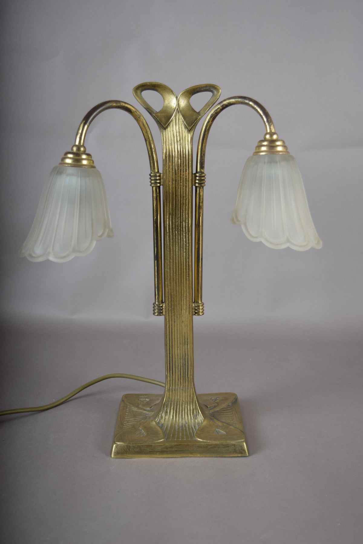 Vintage Brass Double-Arm Table Lamp, Frosted Tulip Shades — Art Nouveau Style, 1950s