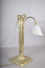 Vintage Brass Double-Arm Table Lamp, Frosted Tulip Shades — Art Nouveau Style, 1950s