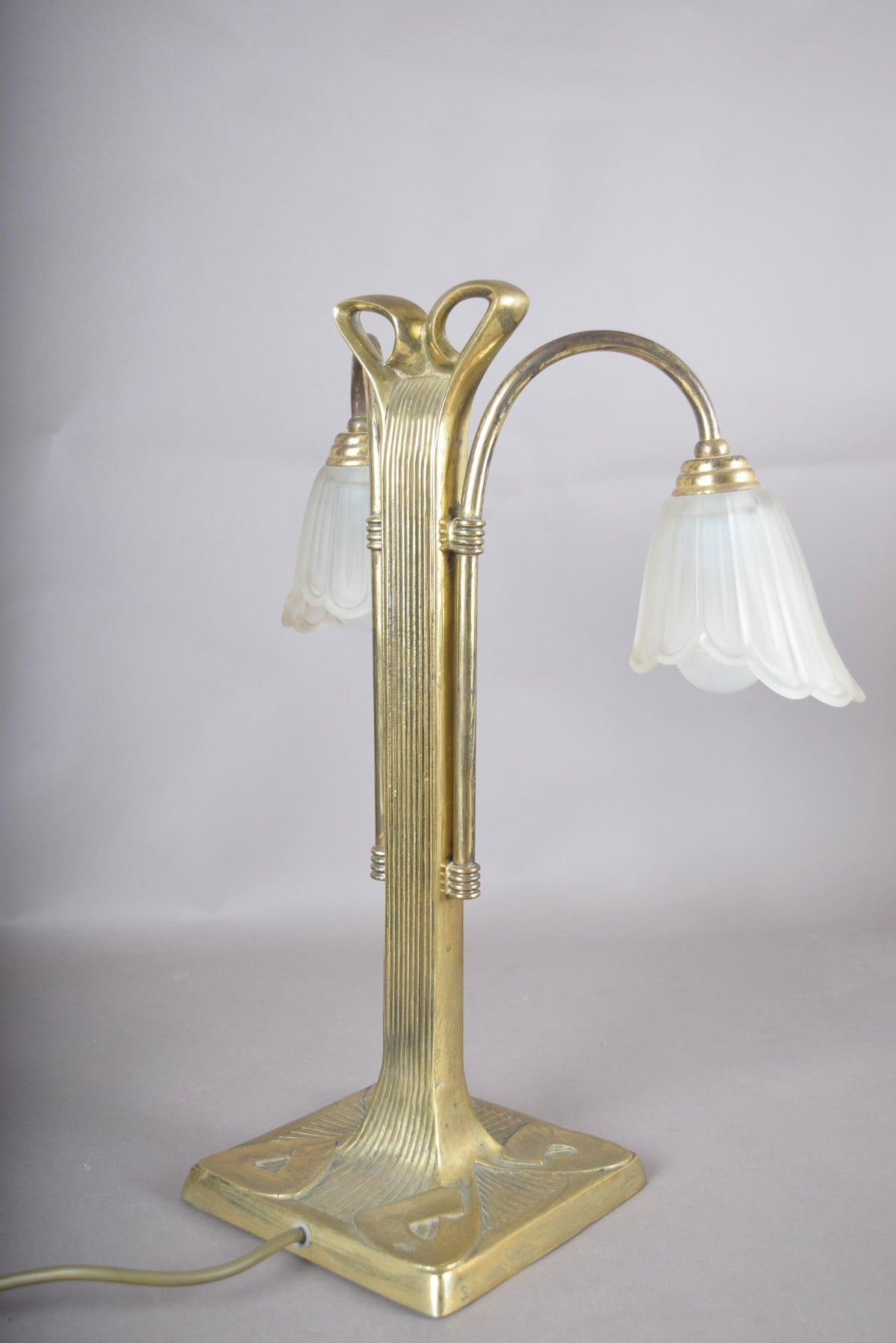Vintage Brass Double-Arm Table Lamp, Frosted Tulip Shades — Art Nouveau Style, 1950s
