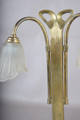 Vintage Brass Double-Arm Table Lamp, Frosted Tulip Shades — Art Nouveau Style, 1950s