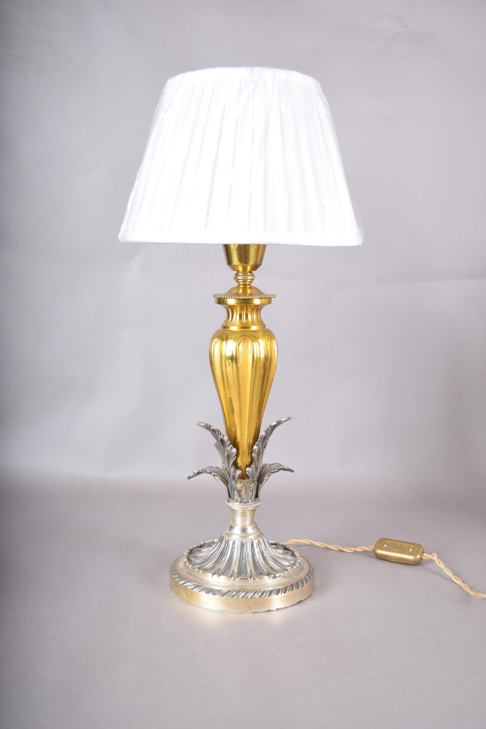 Vintage Ornate Brass Table Lamp | Dual-Tone Gold & Silver Fluted Design | Sculpted Leaf Motif | Circa 1960s | Rewired