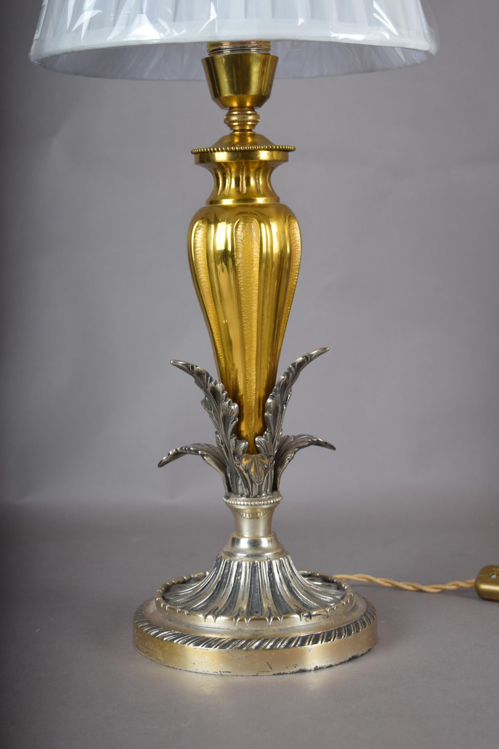 Vintage Ornate Brass Table Lamp | Dual-Tone Gold & Silver Fluted Design | Sculpted Leaf Motif | Circa 1960s | Rewired
