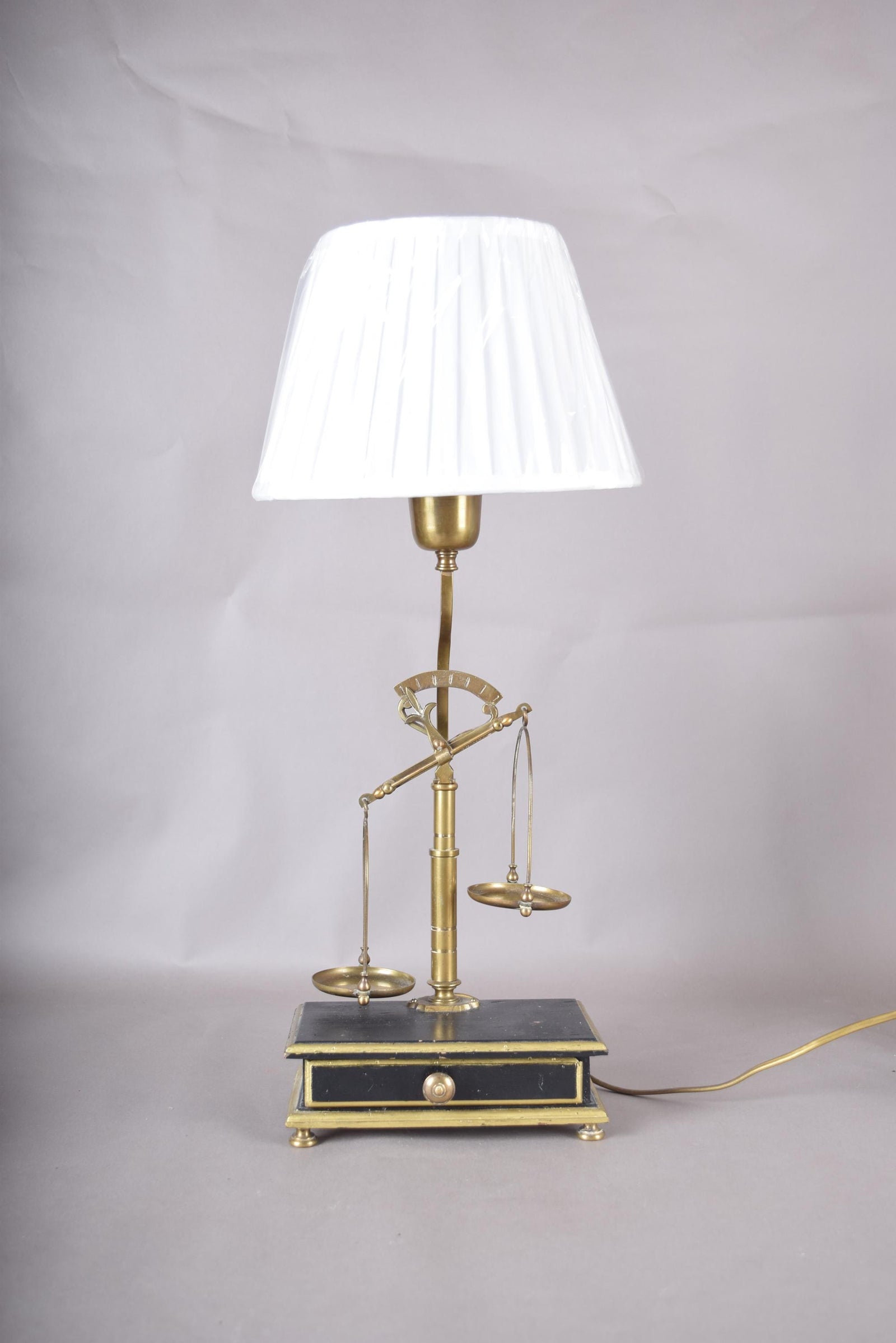 Vintage Brass Scale Lamp, Libra Balance Motif, Drawer Base, Pleated Shade, 1950s