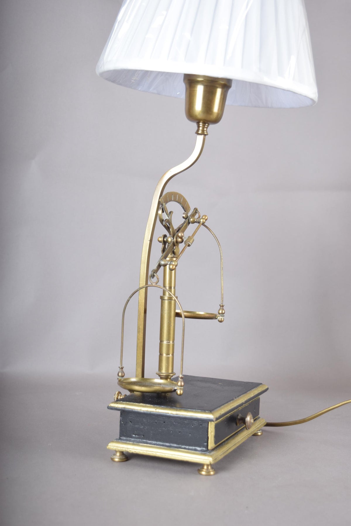 Vintage Brass Scale Lamp, Libra Balance Motif, Drawer Base, Pleated Shade, 1950s