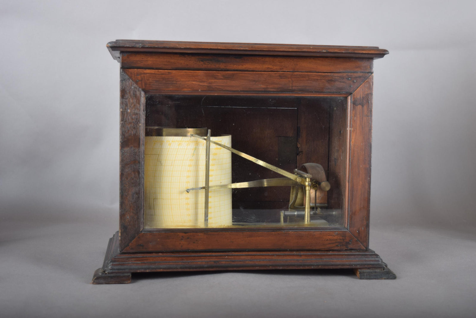 Antique Oak Barograph, Brass Mechanism with Chart Drum — English, 1930s