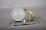 Vintage Art Deco Table Lamp, Brass-Toned Animal Figure, Frosted Glass Globe, 1940s