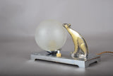 Vintage Art Deco Table Lamp, Brass-Toned Animal Figure, Frosted Glass Globe, 1940s
