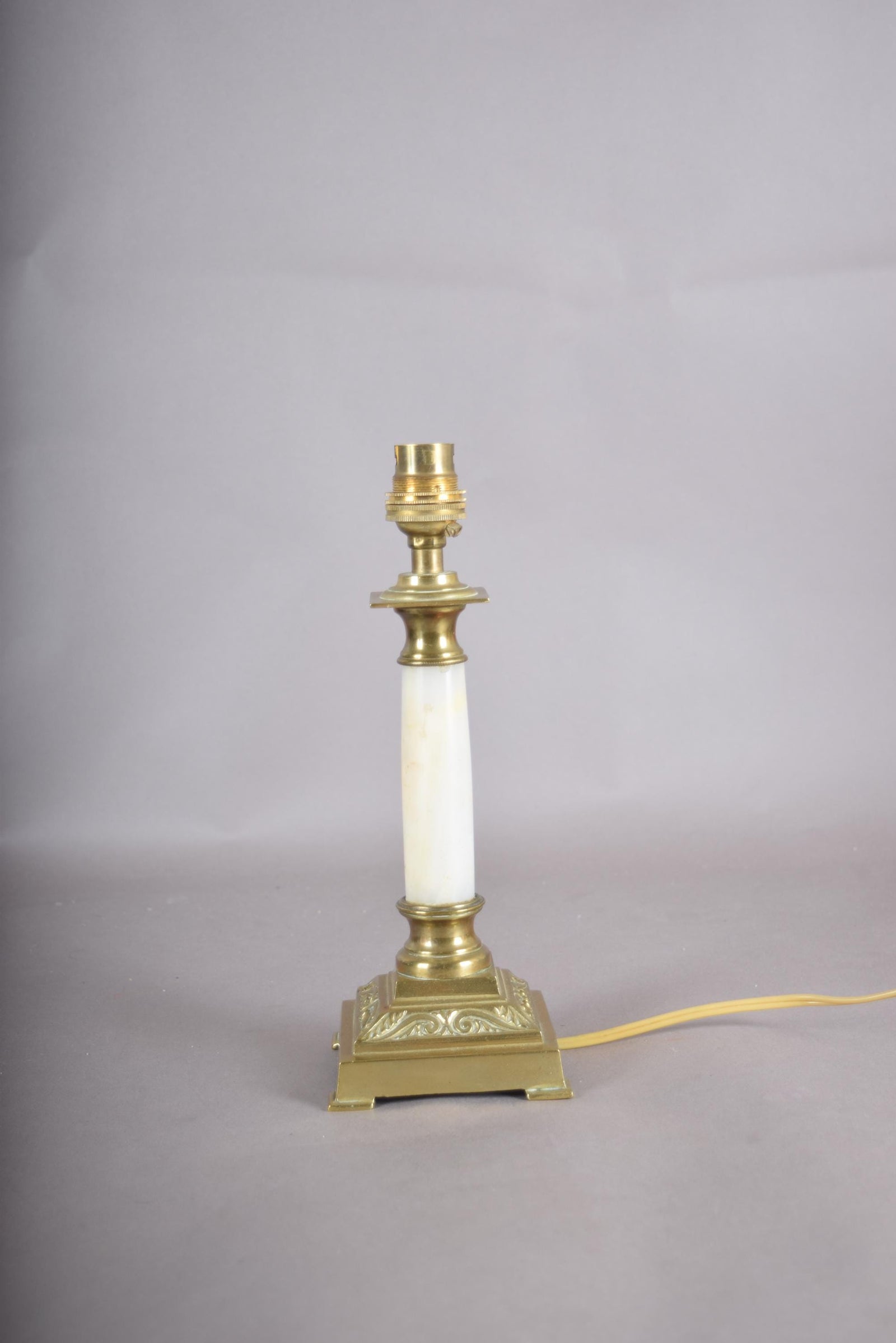 Vintage Brass and White Onyx Column Table Lamp, Square Brass Base