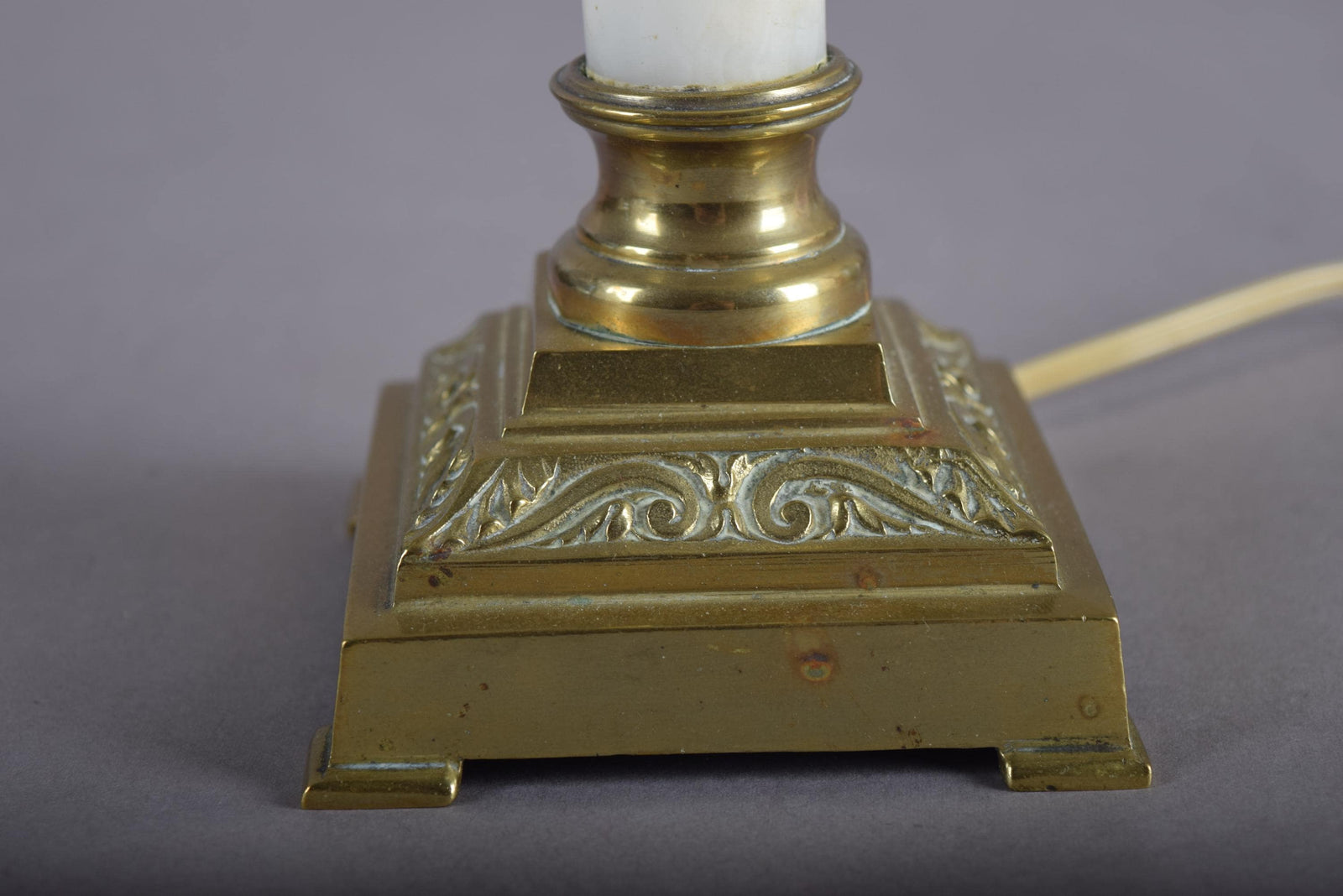 Vintage Brass and White Onyx Column Table Lamp, Square Brass Base