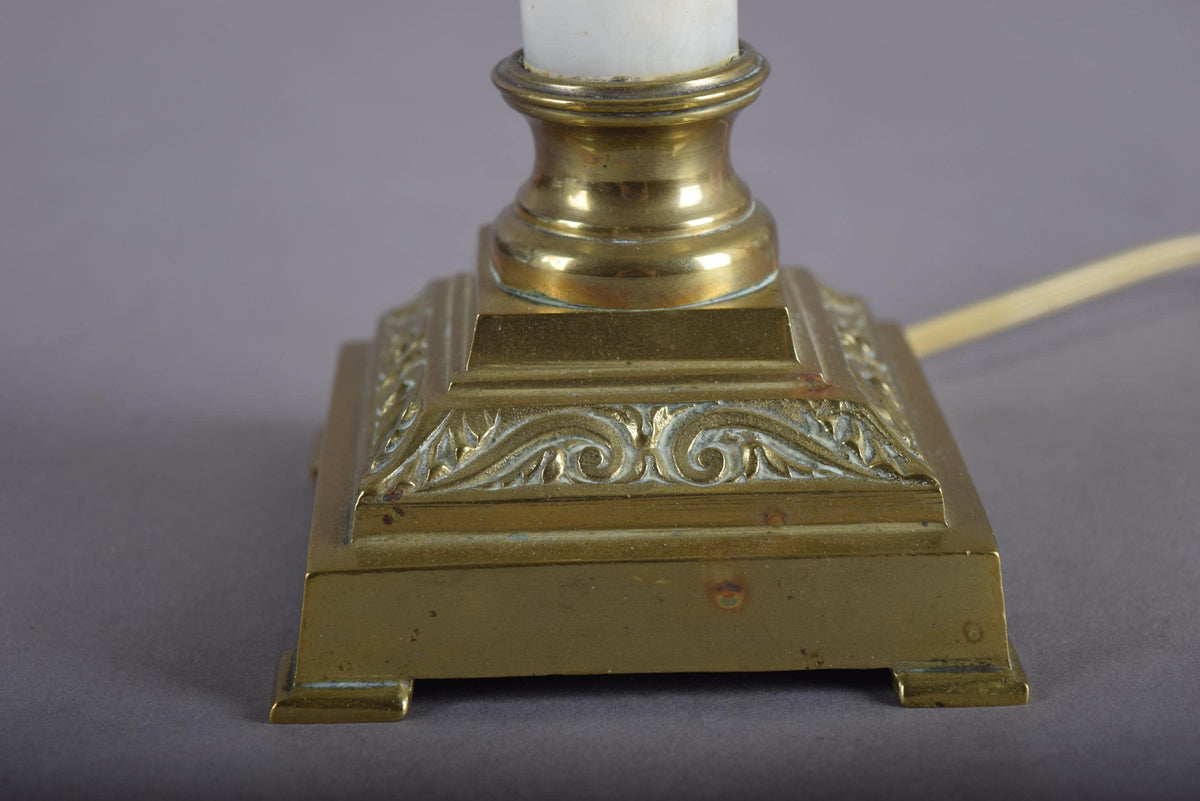 Vintage Brass and White Onyx Column Table Lamp, Square Brass Base