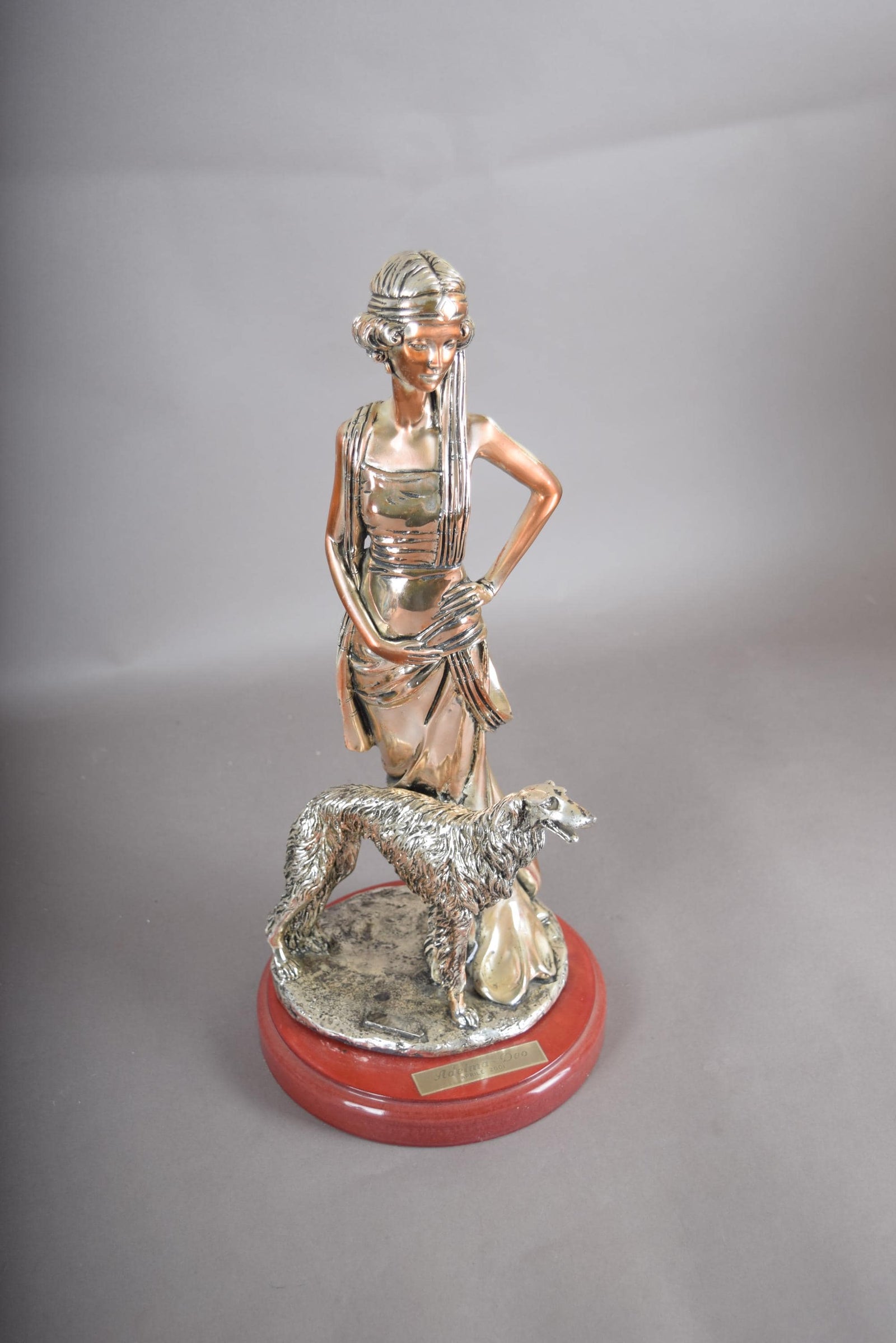 Silver-Plated Art Deco Style Sculpture, Lady with Borzoi Dog, Dated 2001