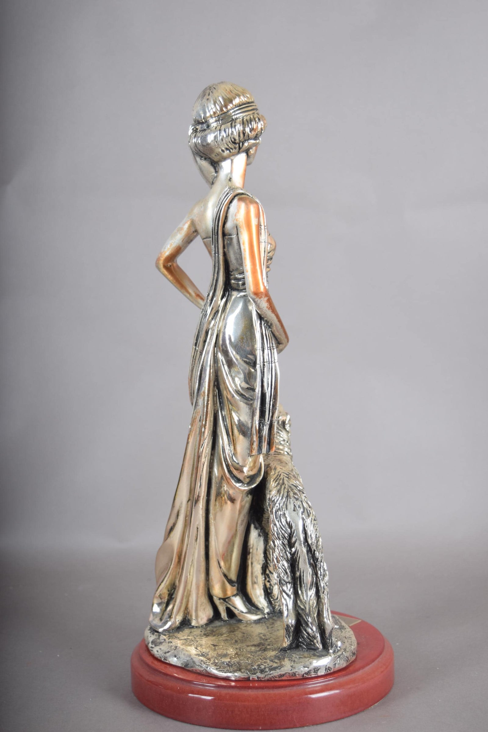 Silver-Plated Art Deco Style Sculpture, Lady with Borzoi Dog, Dated 2001