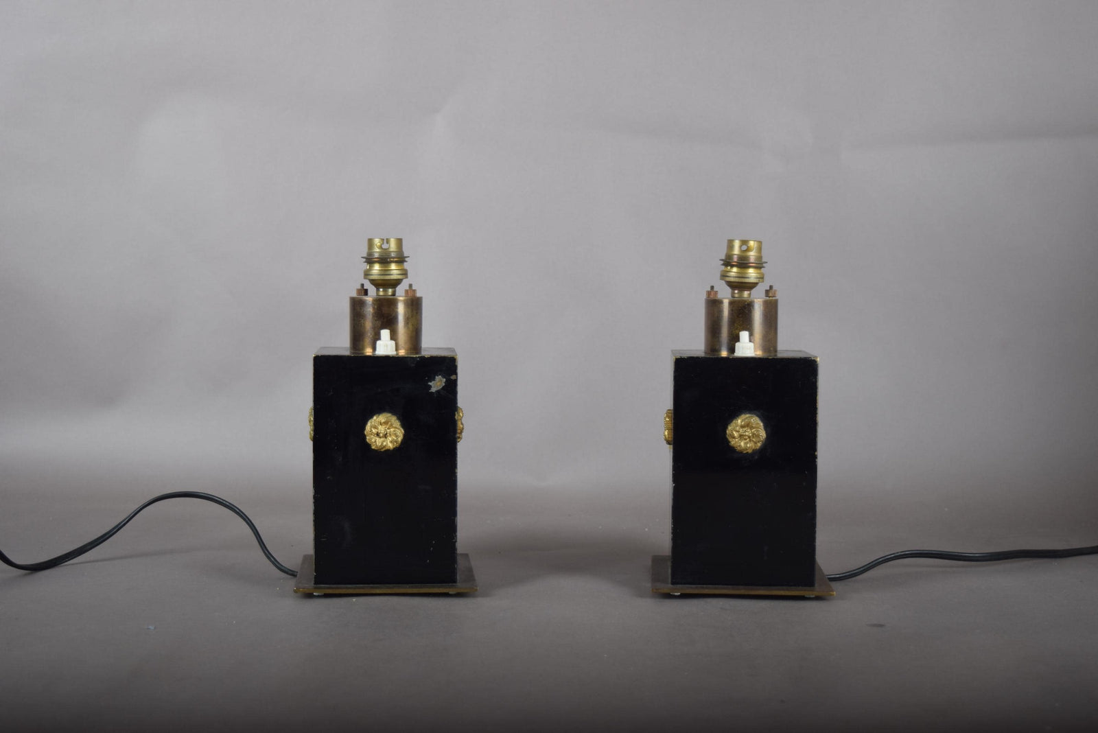 Vintage Black and Brass Table Lamps, Art Deco Style Geometric Base, Pair