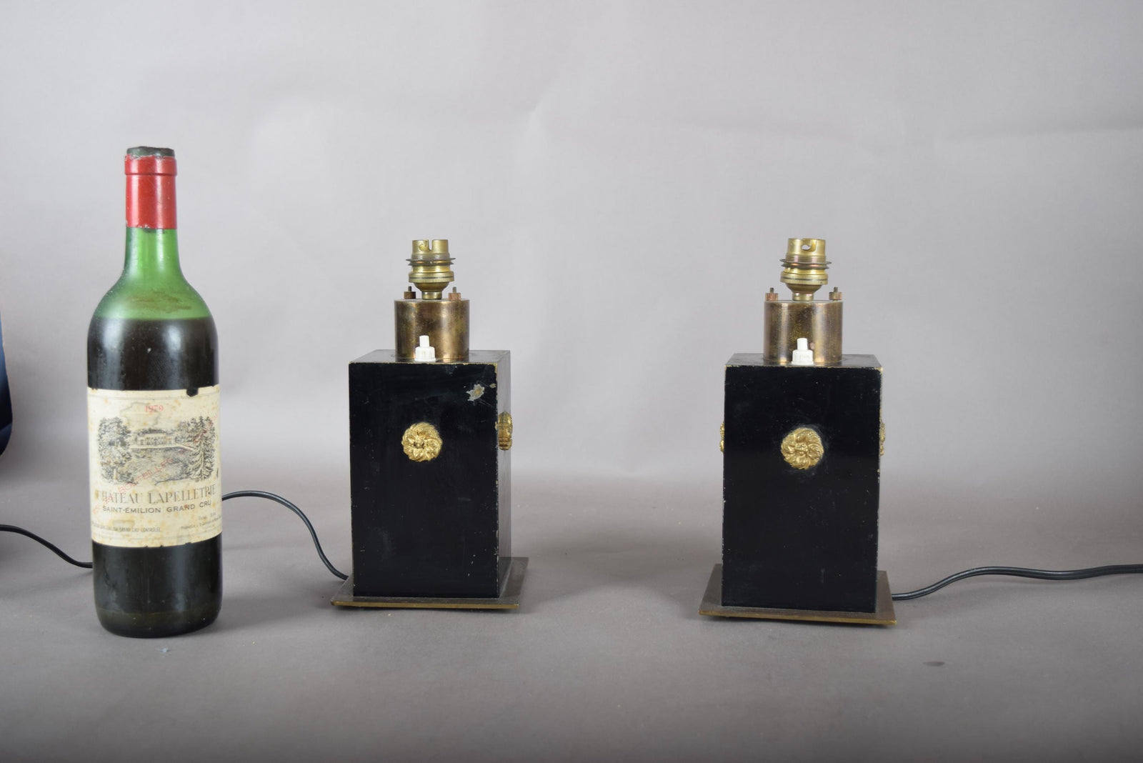 Vintage Black and Brass Table Lamps, Art Deco Style Geometric Base, Pair