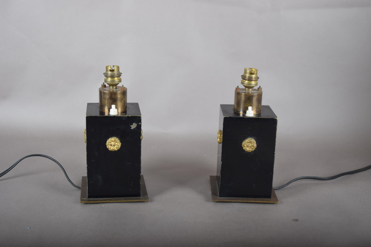 Vintage Black and Brass Table Lamps, Art Deco Style Geometric Base, Pair