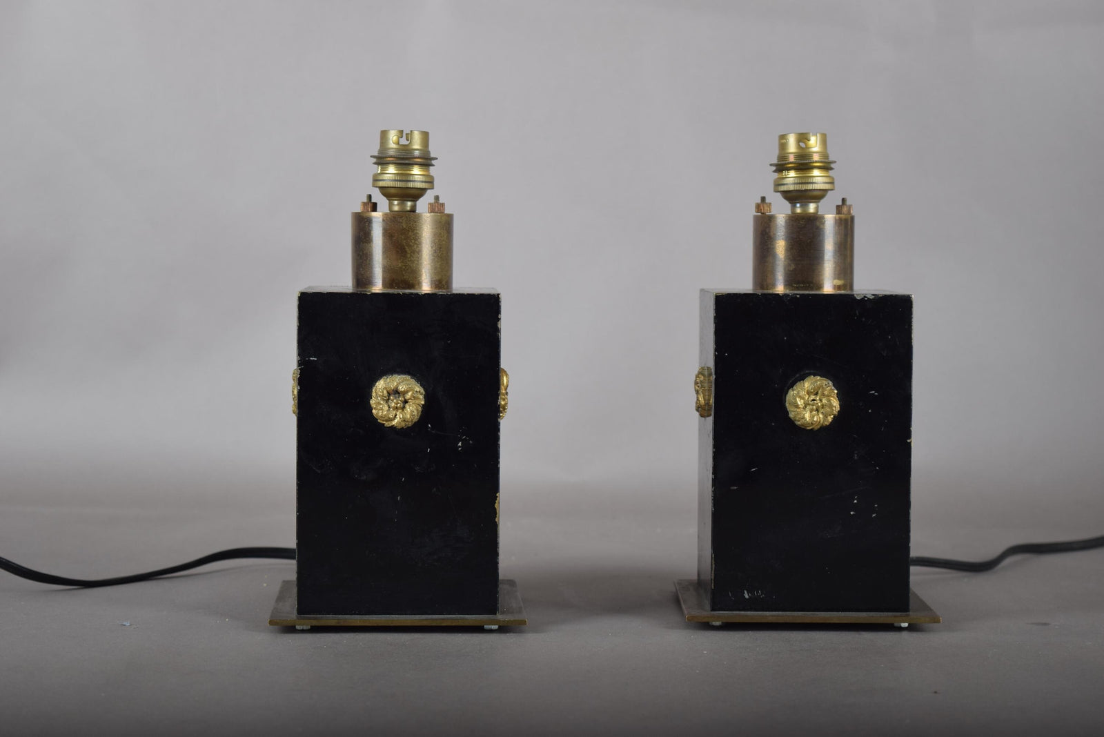 Vintage Black and Brass Table Lamps, Art Deco Style Geometric Base, Pair