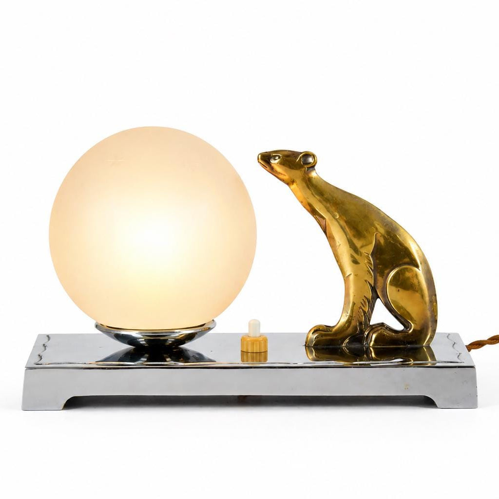 Vintage Art Deco Table Lamp, Brass-Toned Animal Figure, Frosted Glass Globe, 1940s