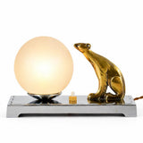 Vintage Art Deco Table Lamp, Brass-Toned Animal Figure, Frosted Glass Globe, 1940s