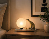 Vintage Art Deco Table Lamp, Brass-Toned Animal Figure, Frosted Glass Globe, 1940s