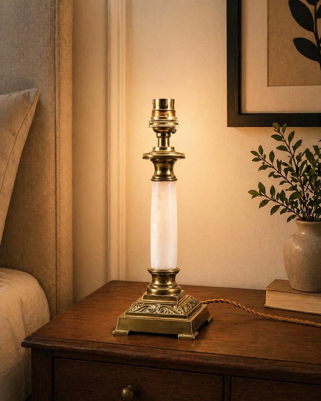 Vintage Brass and White Onyx Column Table Lamp, Square Brass Base